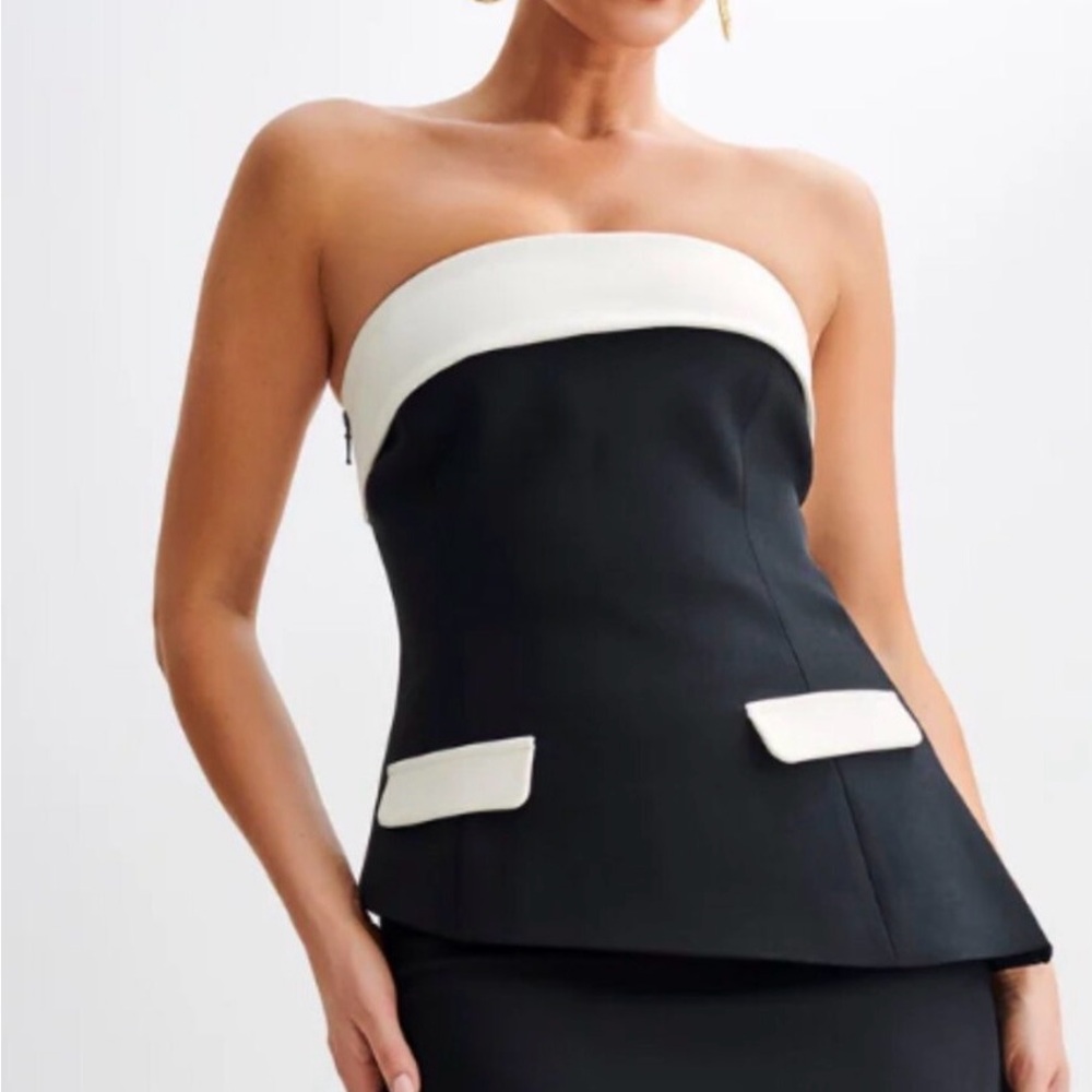 Black and White Strapless Asymmetrical Top